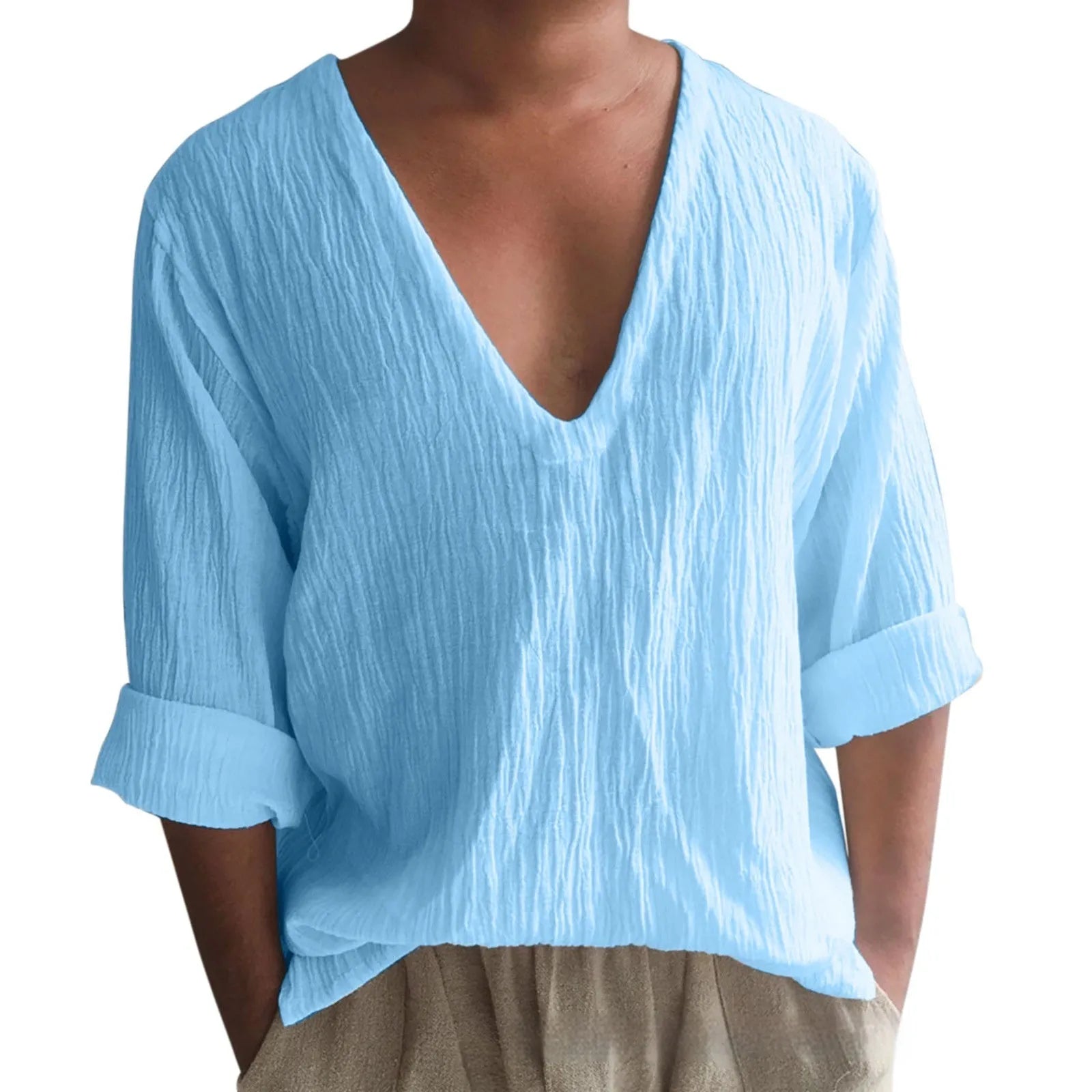 Men's washed cotton long sleeve V-neck T-shirt in solid colours on a size chart