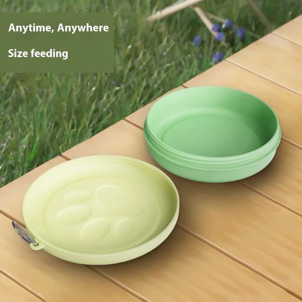 Collapsible silicone dog bowl shown in open and folded positions for portable pet feeding