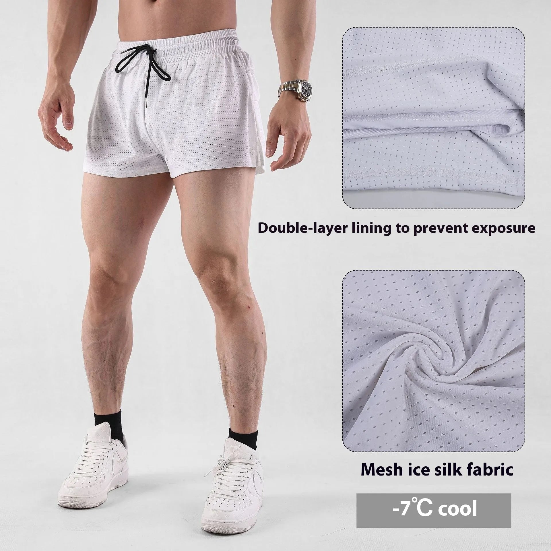Men's white and black quick-drying nylon sports shorts on a size chart background.