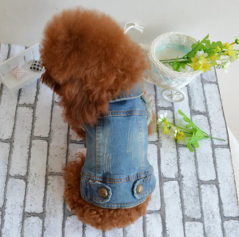 Retro scratch pattern denim dog vest in dark and light wash colours for small breeds