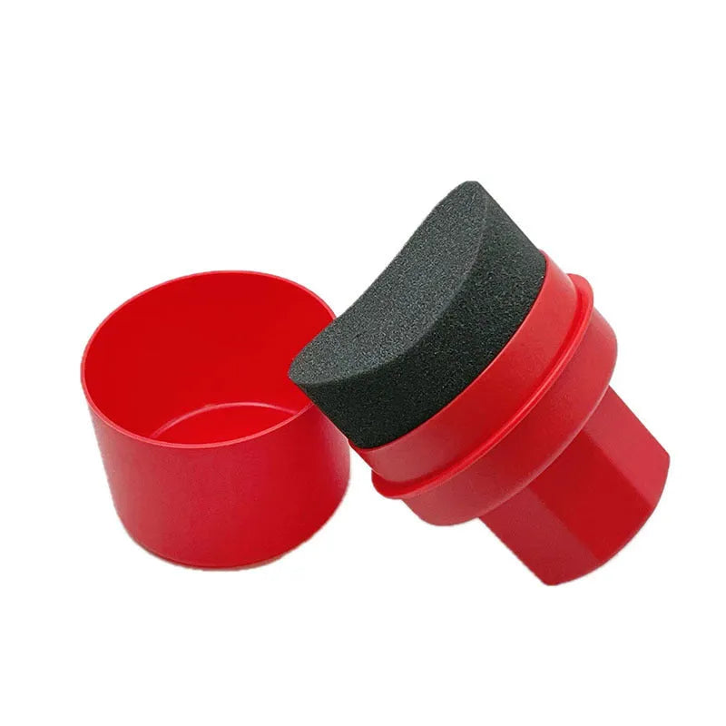 Hand-held black car tyre polishing sponge brush with lid, dimensions 85mm by 120mm, for applying tyre dressings.