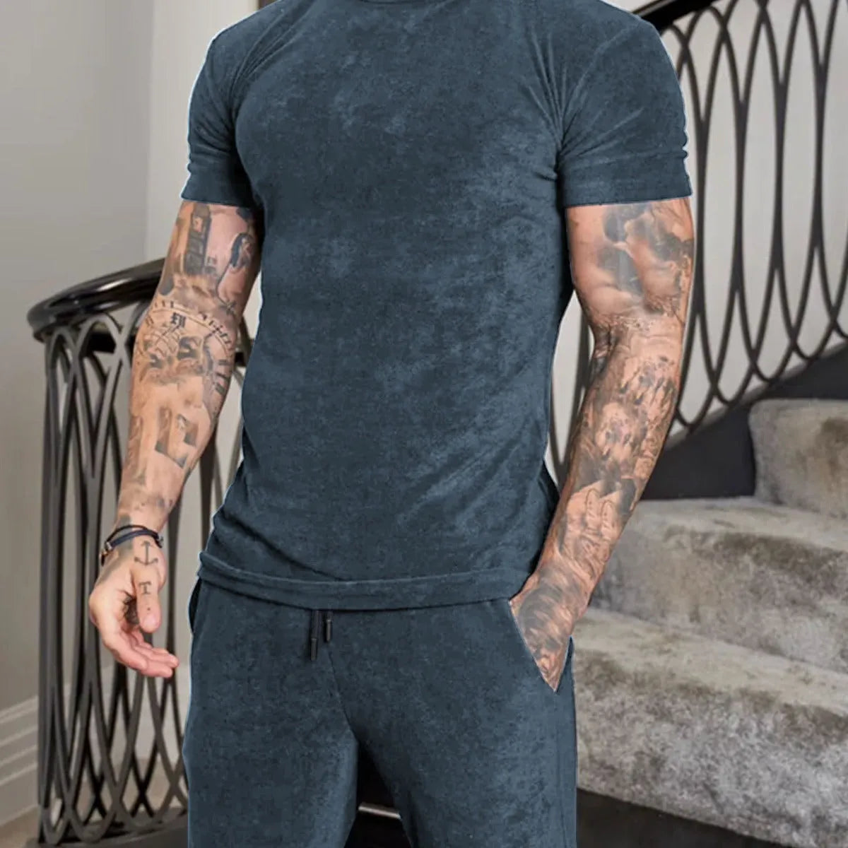 Mens Summer Running Suit Short Sleeve Shirt and Shorts Set in Cotton Blend Polyester Fabric Solid Colour Wine Red Green Royal Blue Dark Blue S M L XL XXL XXXL