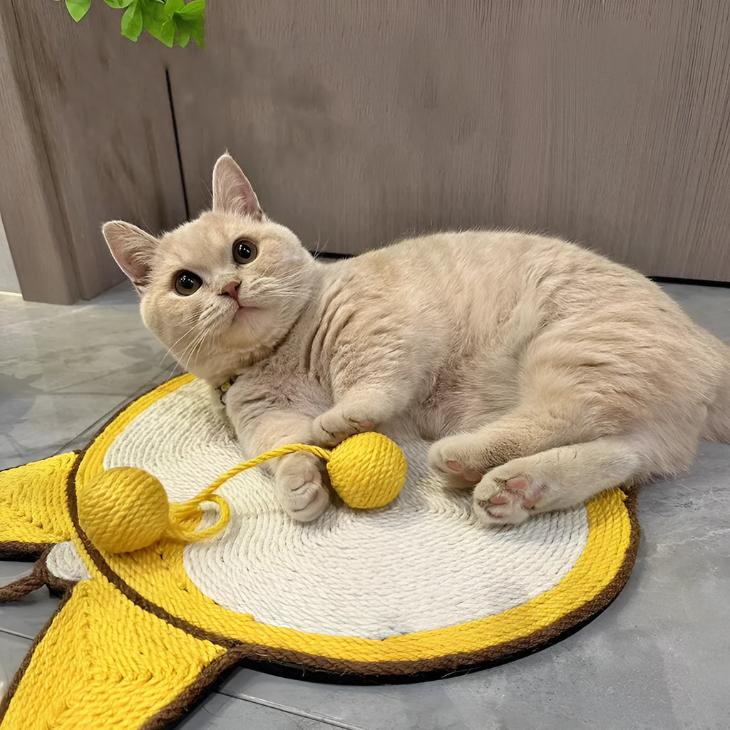 Yellow cat scratching pad with corgi butt designs, natural sisal surface and anti-slip base