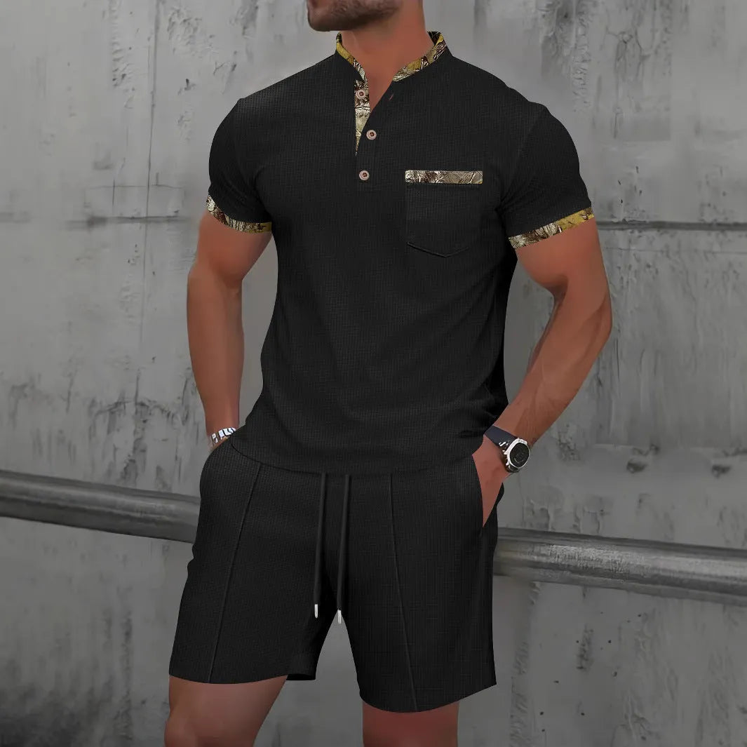 Men's waffle texture short sleeve suit set with zipper polo collar and shorts in solid colour