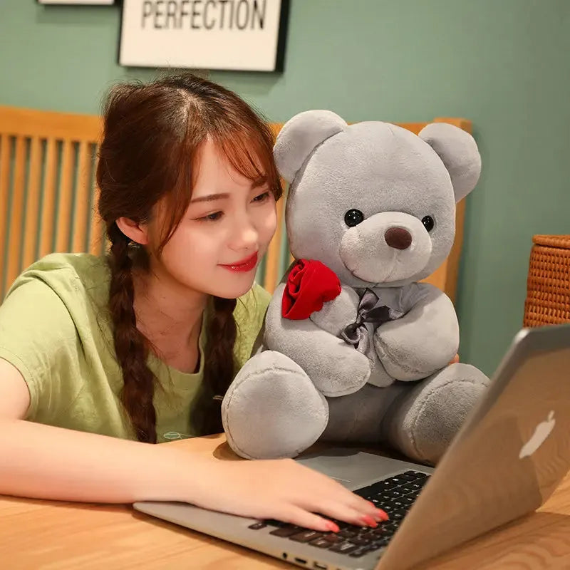 Rose pattern teddy bear plush doll in beige, brown or grey colours with soft fabric texture