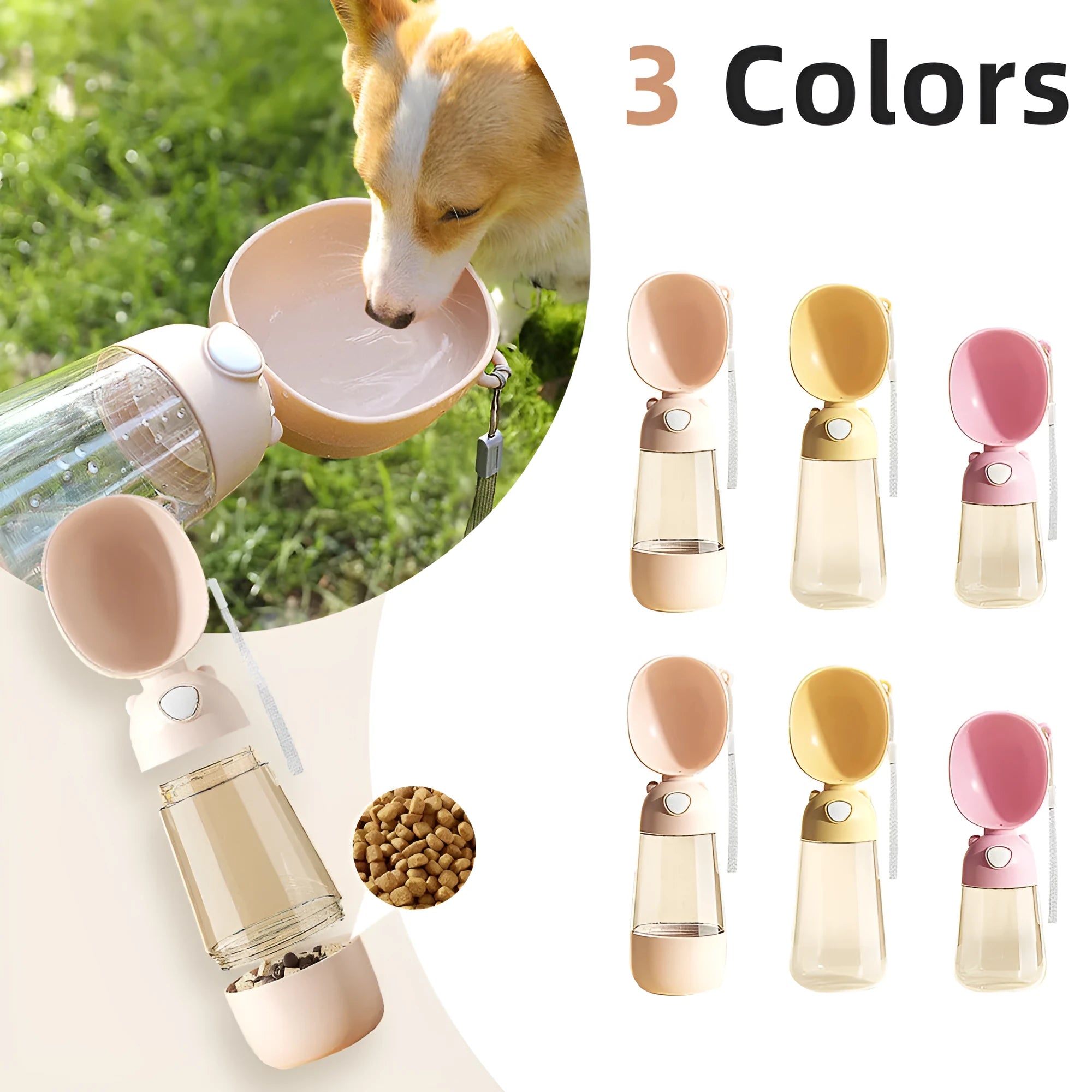 Portable dog water bottle with attached bowl in yellow, pink and brown colour options