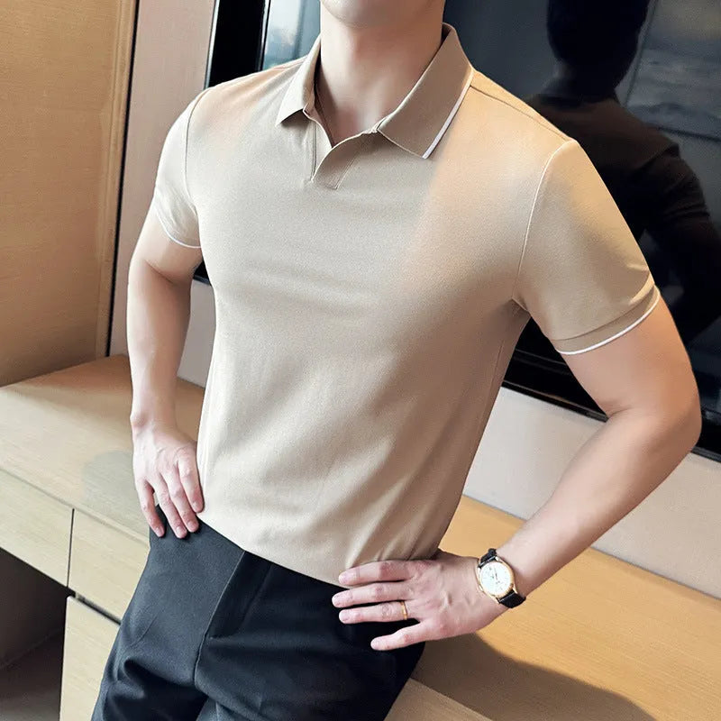 Men's short sleeve polo shirt in mercerized cotton blend fabric with lapel collar, shown in multiple colour options