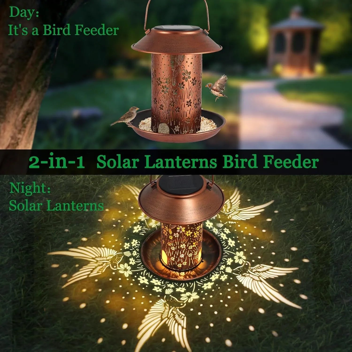 Solar-powered iron art hummingbird garden feeder lamp with waterproof IP65 rating.