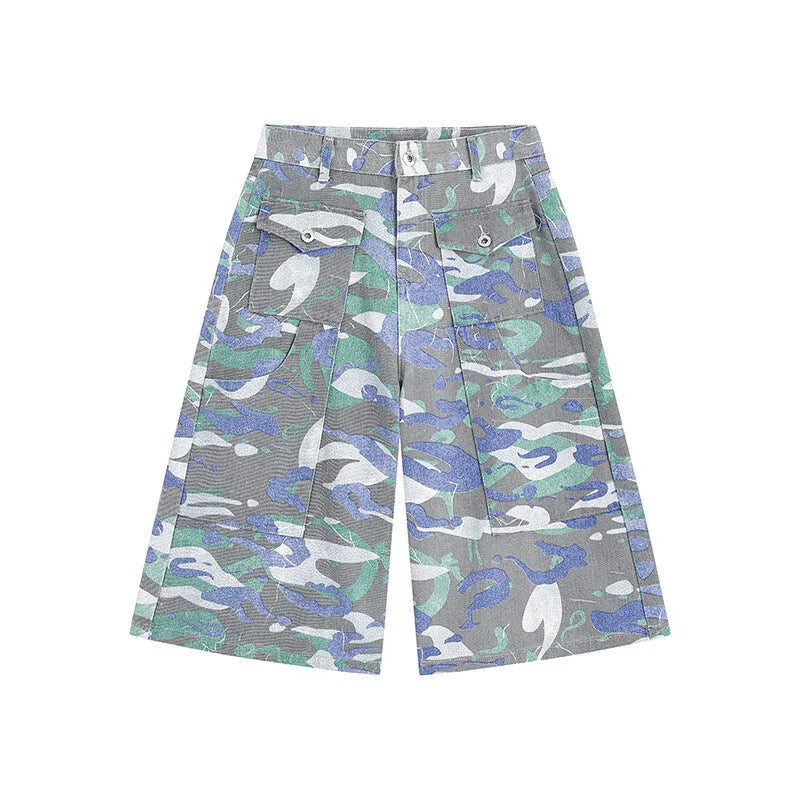 Camouflage colour cotton cropped work trousers with a straight leg and front pocket
