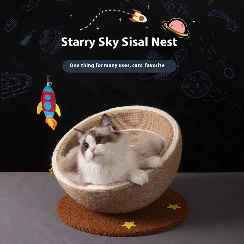 Large integrated cat scratching basin and bed with sisal rope surfaces and flannel fabric in starlight design