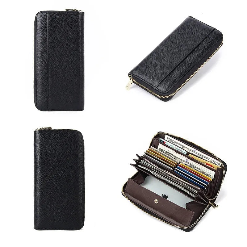 Women's long genuine leather wallet in multiple colours showing zip-around closure and anti-theft card slots.