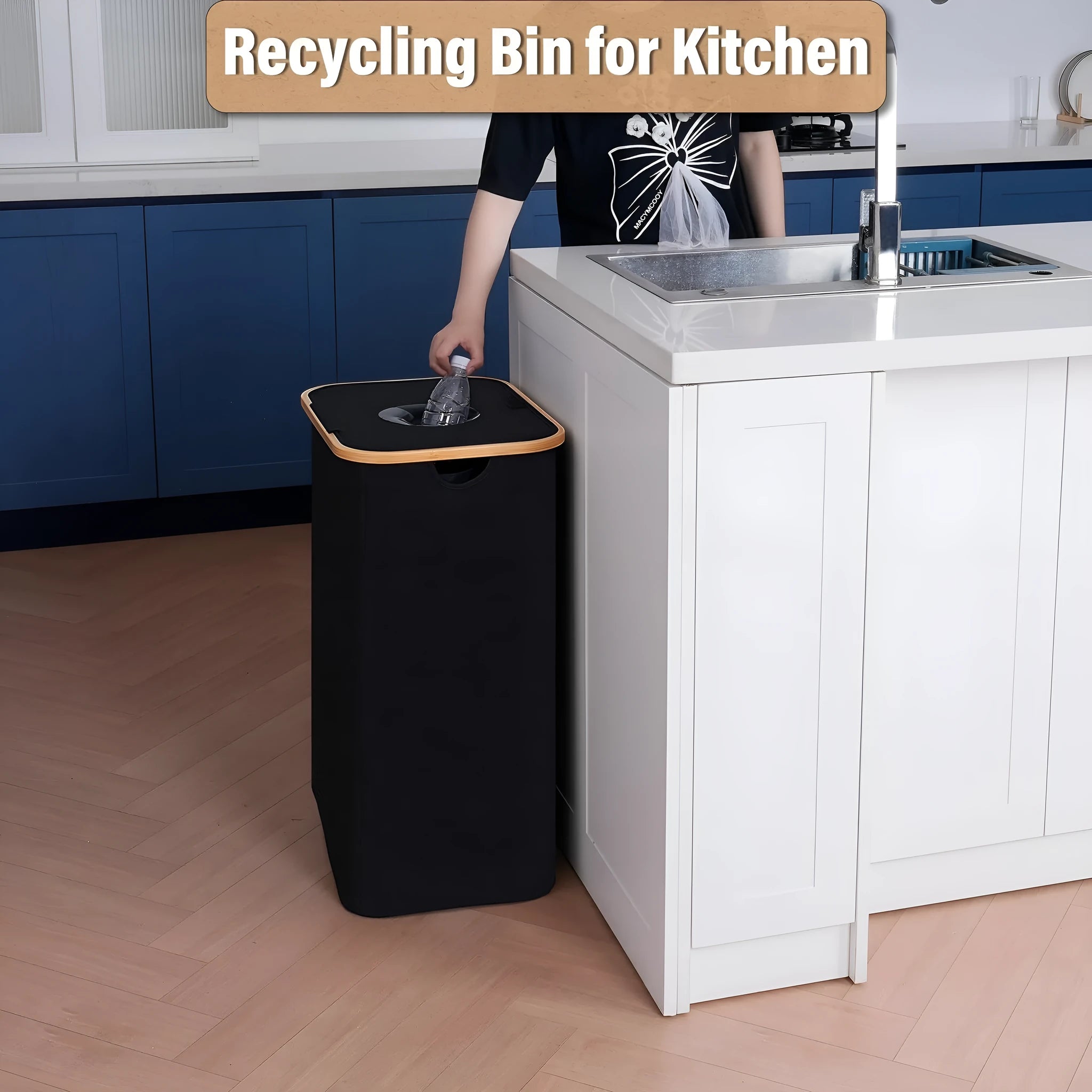 Black bamboo laundry basket with lid, removable recycling compartment, ventilation holes, and double inner pockets