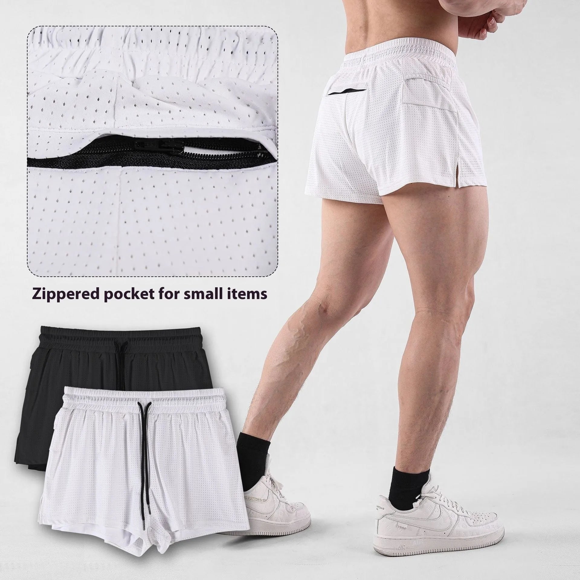 Men's white and black quick-drying nylon sports shorts on a size chart background.