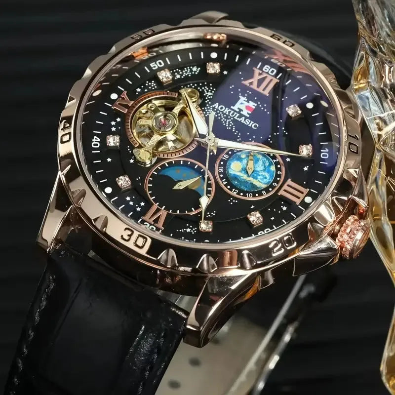 Men's black automatic mechanical watch with rose gold case and hollow dial showing movement