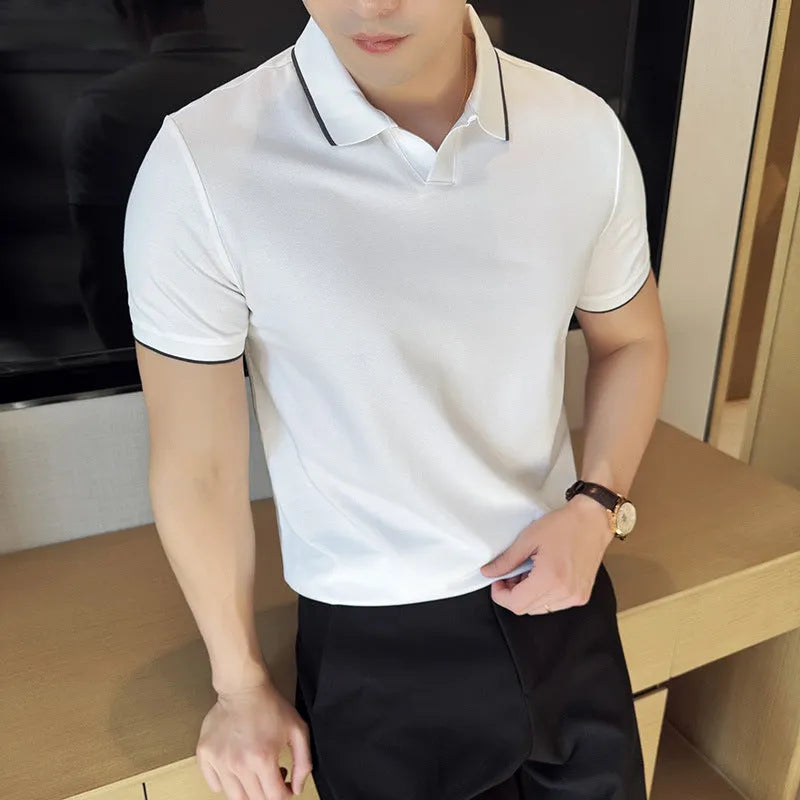 Men's short sleeve polo shirt in mercerized cotton blend fabric with lapel collar, shown in multiple colour options