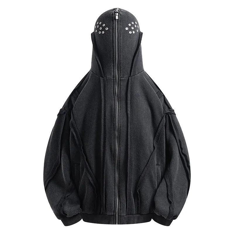 Black men's cotton hooded cardigan coat with retro abstract pattern and zip closure