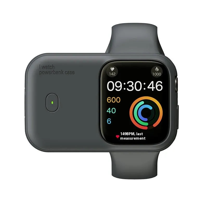 Portable wireless charging case for Apple Watch in brown, midnight blue, and starlight colours.