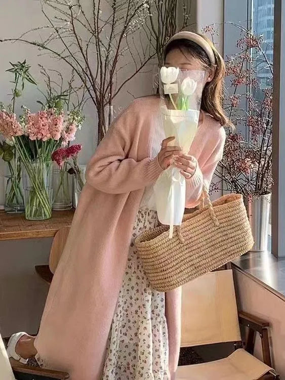 Women's loose fit mid-length knitted cardigan in khaki colour with V-neck and long sleeves
