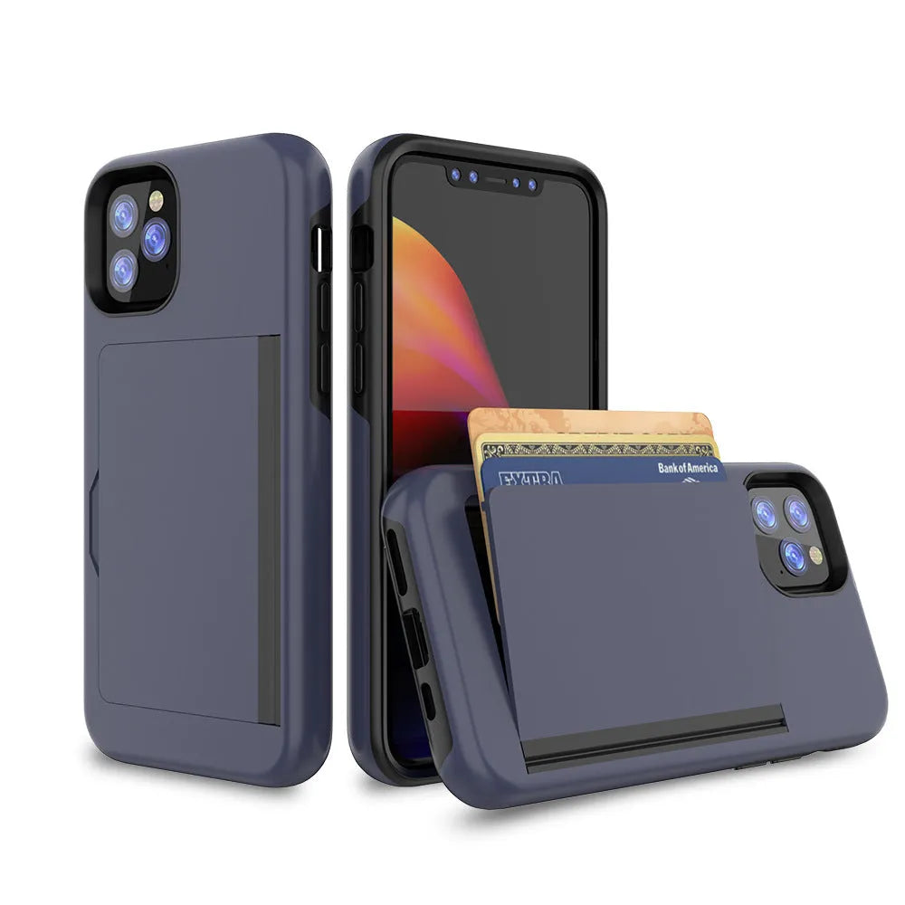 iPhone 11 protective case in TPU+PC material showing black, red, pink, dark blue, blue, and purple colour options