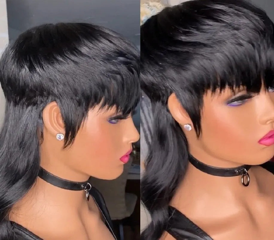 Black Brazilian wig with front bangs and layered long back styling