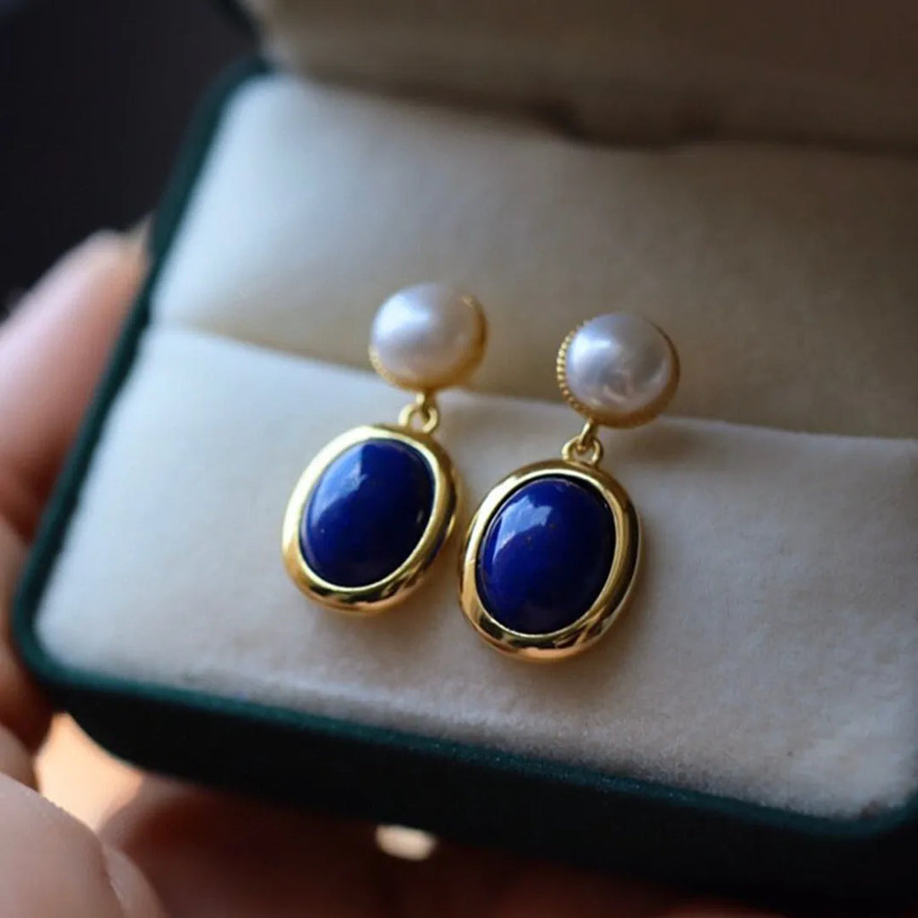 925 silver lapis lazuli pearl dangle earrings with auspicious pattern design.