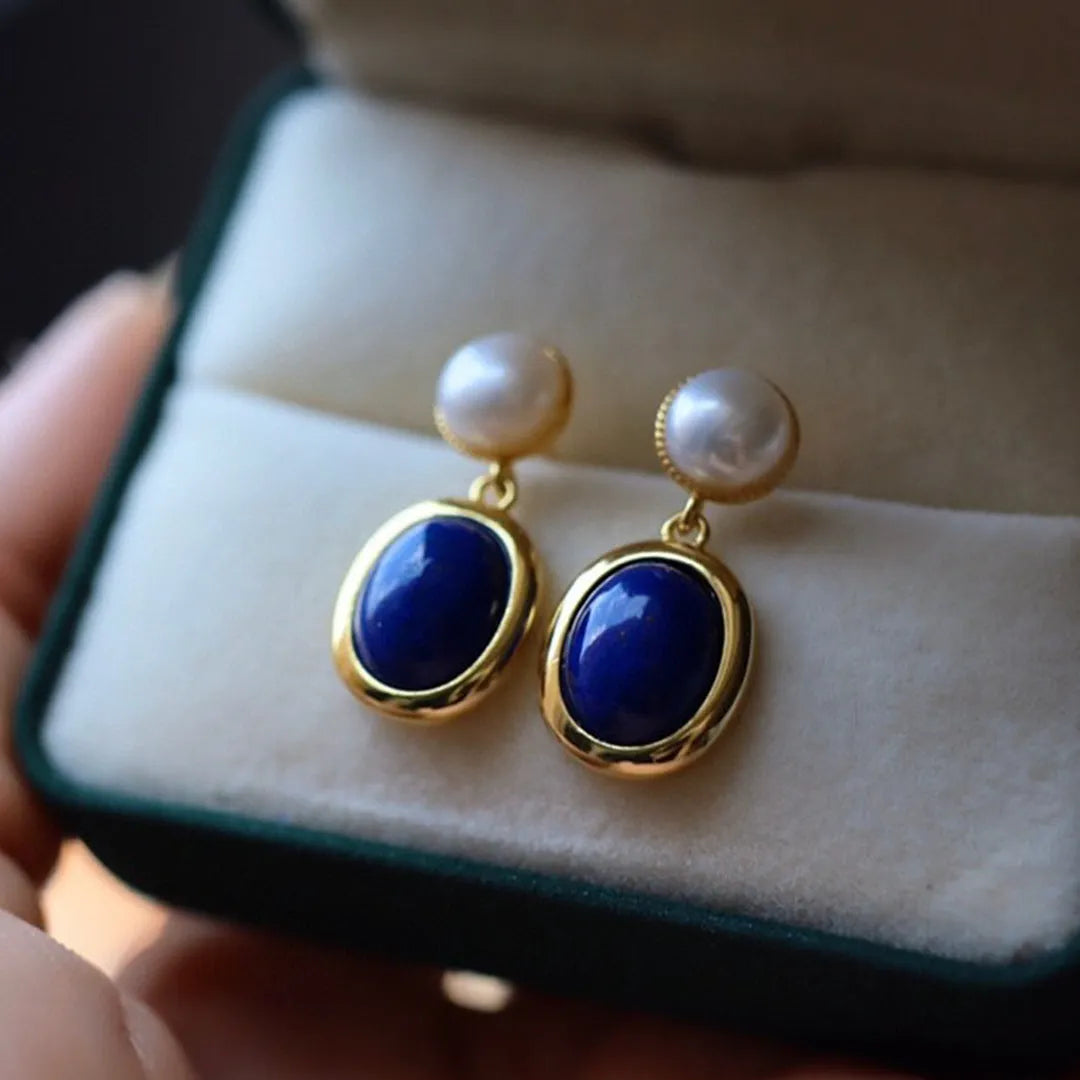 925 silver lapis lazuli pearl dangle earrings with auspicious pattern design.