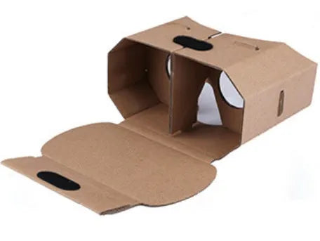Corrugated paper virtual reality glasses for smartphones between 3.5 and 6 inches wide.
