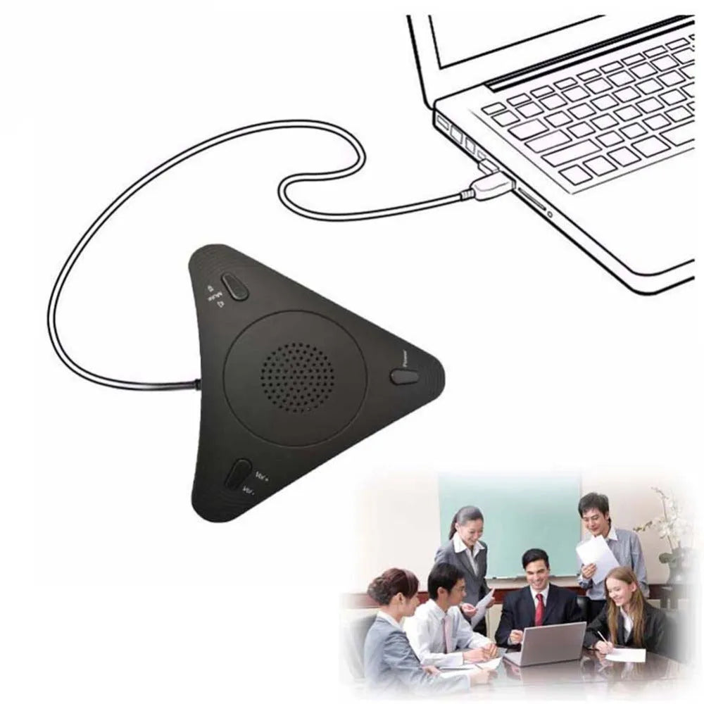 Black USB omnidirectional conference microphone with volume and mute buttons