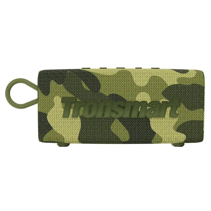 Portable waterproof Bluetooth speaker in multiple colour options including camouflage, black, blue, and orange.