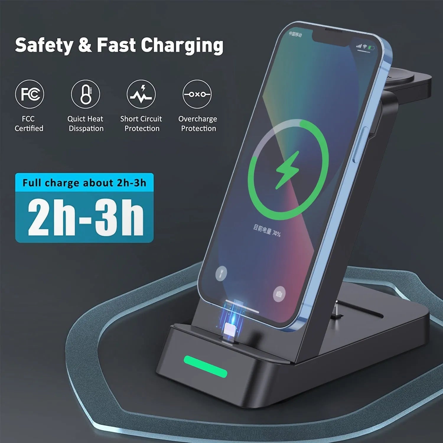 Black 3-in-1 wireless charging station with phone on stand, smartwatch docked, and earbuds charging.