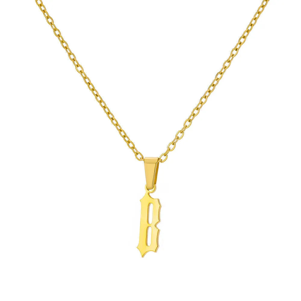 Gold stainless steel ancient English letter pendant necklace with O-ring chain on white background