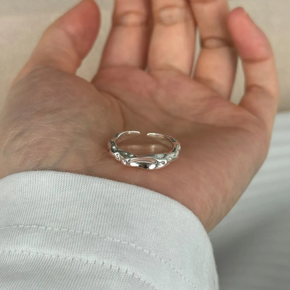 Silver adjustable opening ring with irregular shape for women, electroplated finish, average size
