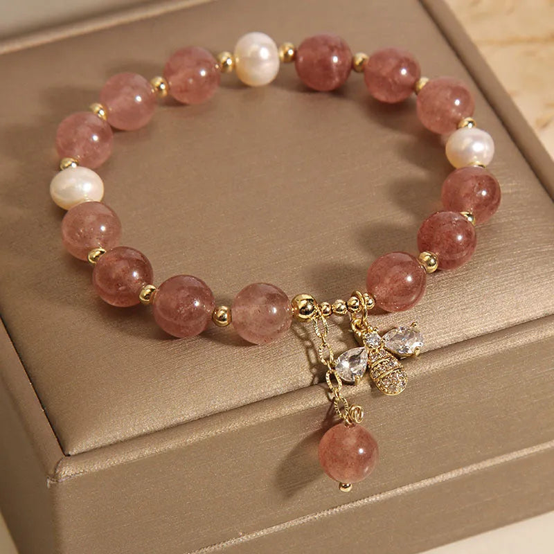 Women's strawberry quartz freshwater pearl bracelet with alloy beads and zircon accents