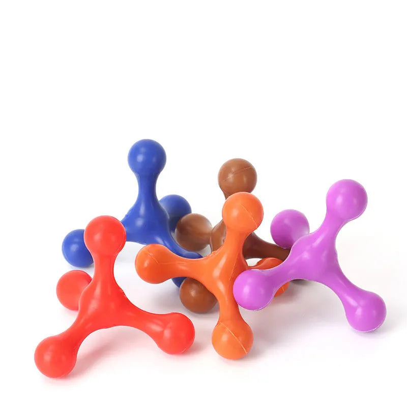 Blue three-legged silicone bone chew toy for small and medium puppies on white background