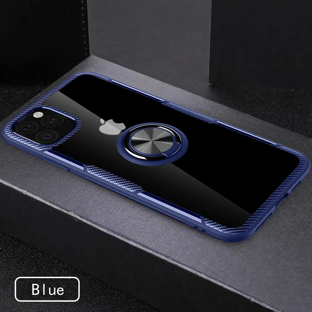 Black iPhone case with integrated car holder on the back, showing button cut-outs and PU leather texture.