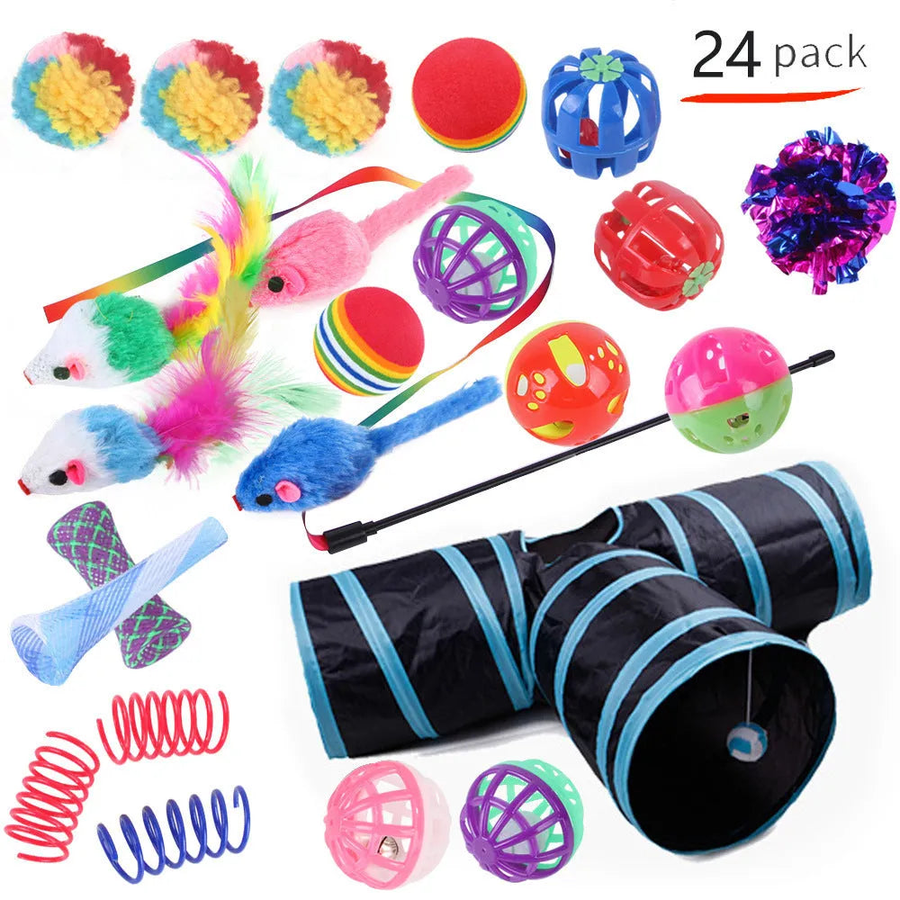 Plastic cat toy channel maze set with coloured accessories for feline play