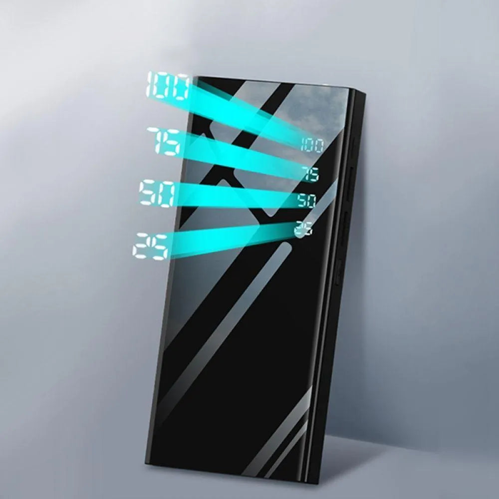 20000mAh portable power bank with LCD display and dual USB ports in black colour