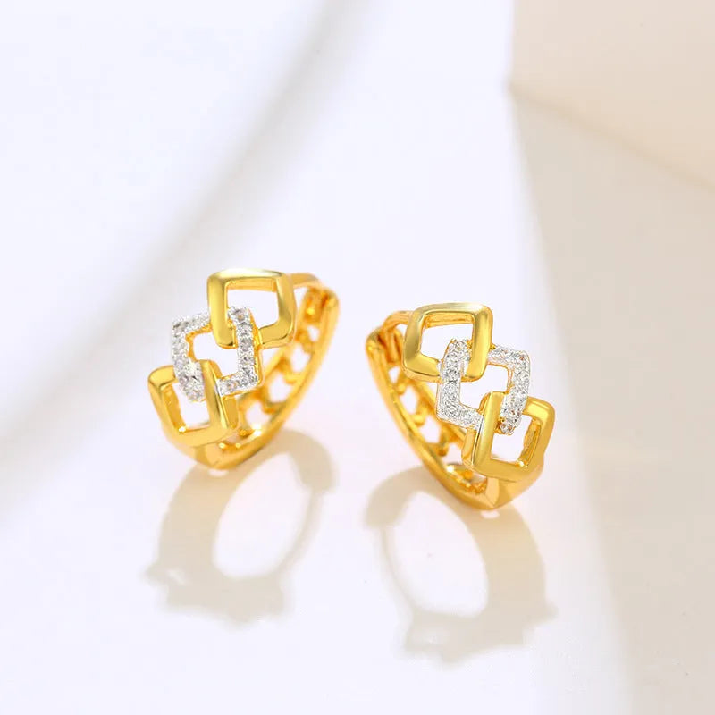 Geometric hollow-out gold alloy earrings with electroplated finish and colour separation detailing