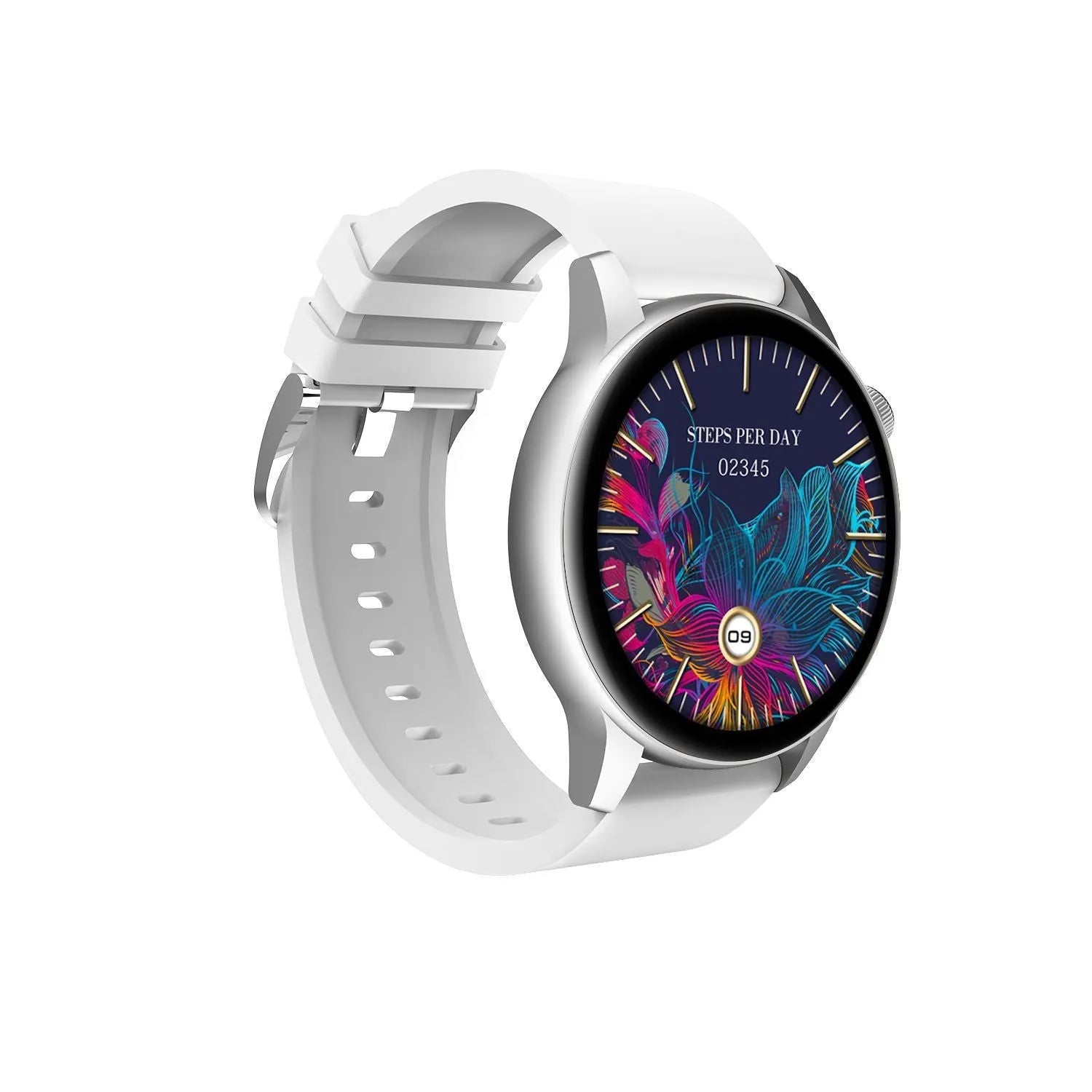 Smart watch with 1.30-inch colour touch screen and stainless steel case in black, pink, or silver