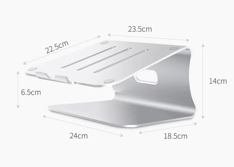 Aluminium alloy notebook cooling bracket in silver colour, showing its thin 4.07mm profile and rotary hinge design.