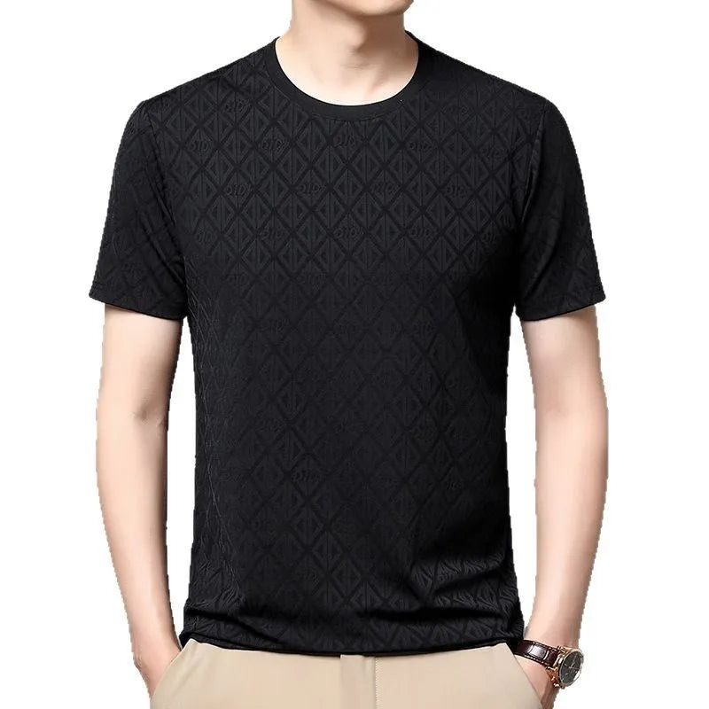 Men's black ice silk jacquard T-shirt with round neck and half sleeves on hanger