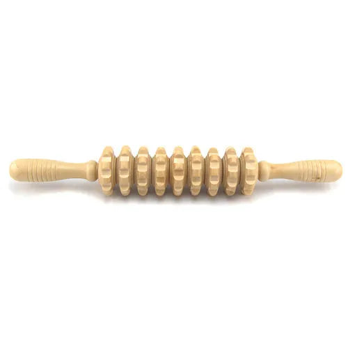 Wooden massage roller 38cm placed on surface, used for back and leg muscle trigger point recovery
