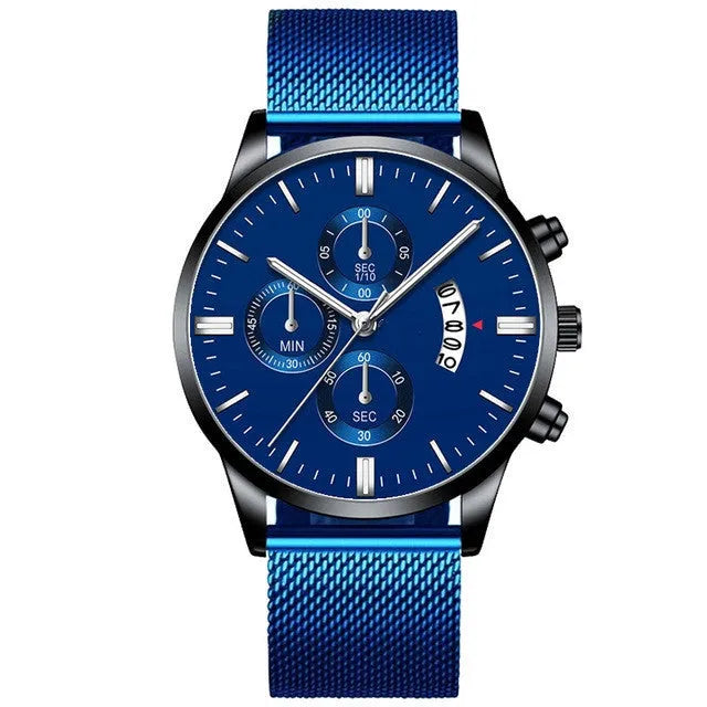 Men's stainless steel mesh band quartz watch with analog display in multiple colour options