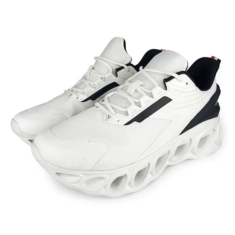 Low top casual shoes in black, white, and dark blue with mesh upper and lace-up front.