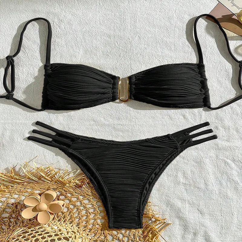 Women's polyester three-point bikini set in khaki with striped pattern, front view