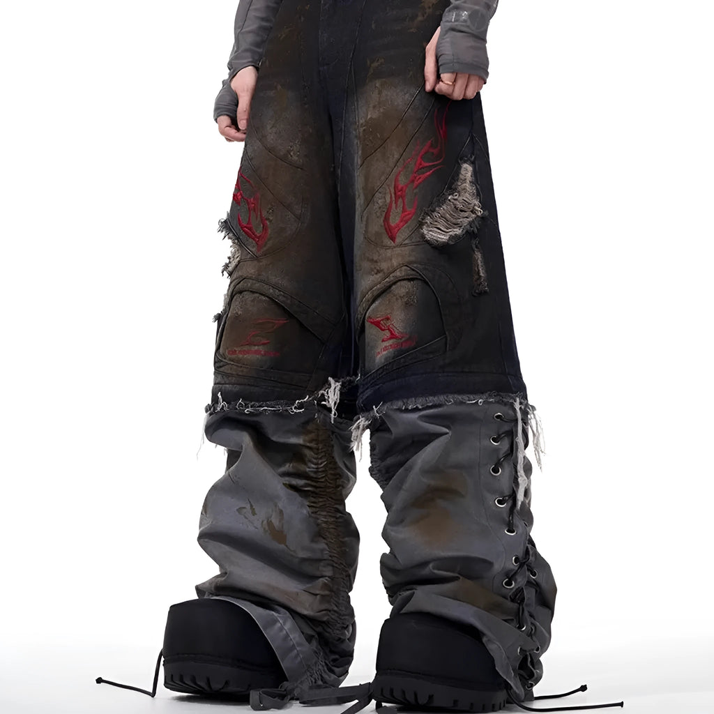 Men's retro denim jeans with detachable trouser legs in a wide leg, loose fit style.