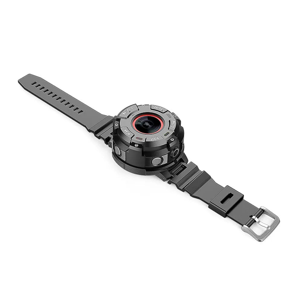 Black waterproof digital sports camera with compact 290mm length shown on an outdoor background.