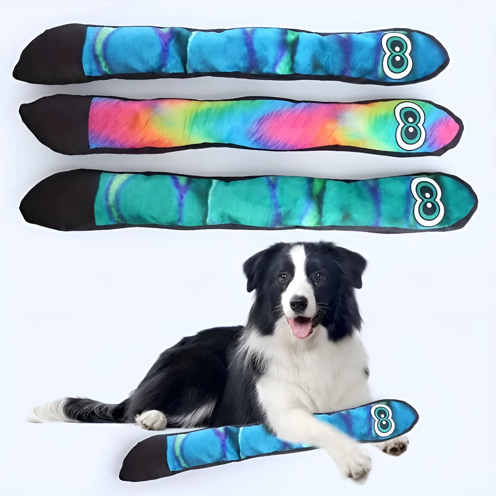 Multicolour striped print snake-shaped plush dog squeaky toy for interactive chew play