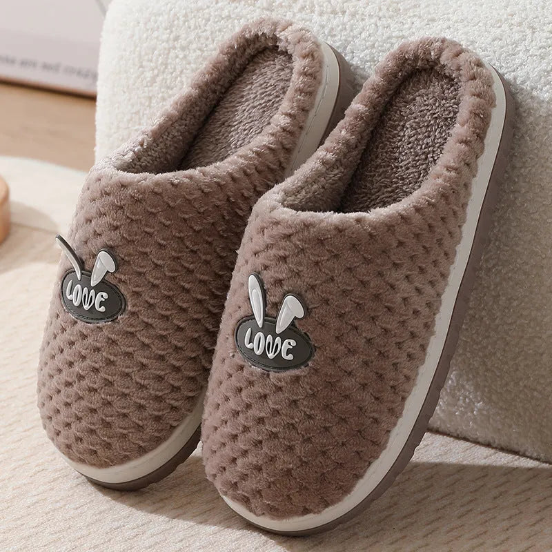 Women's rabbit plaid design winter slippers with thick rubber soles in apricot colour option