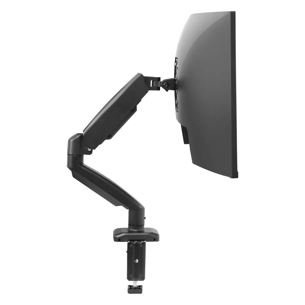 Black rotating telescopic LCD screen bracket on table with adjustable height and rotation features
